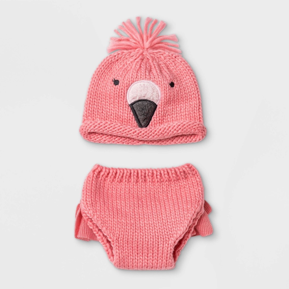 NWT flamingo baby hat and diaper cover set